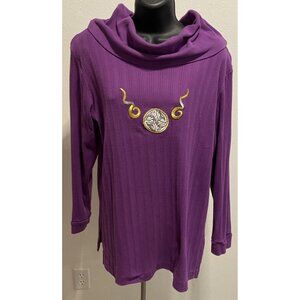 CMS Womens Size L Ribbed Top Cowl Neck Long Sleeve Celtic Knot Embroidered